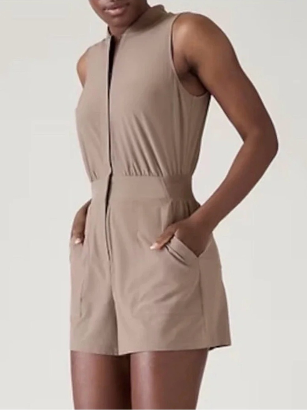 Athleta Brooklyn Utility Romper Sleeveless Taupe Zip-Front Romper
